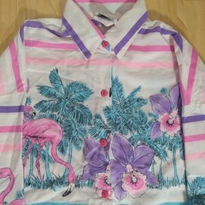 Vintage Touche L.A. Striped Flamingoes Floral Button Down Shirt